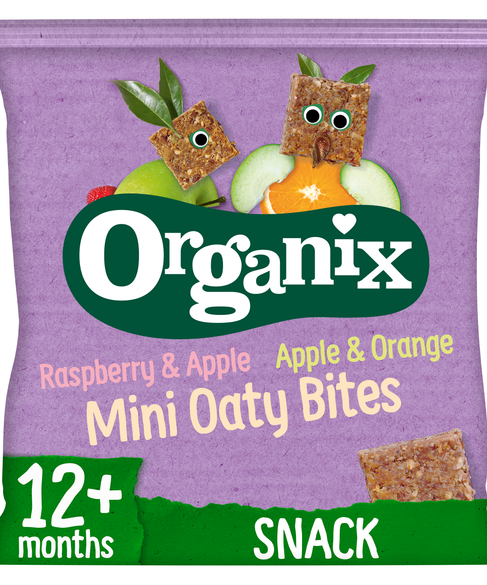 Organix Mini Oaty Bites - Raspberry & Apple and Apple & Orange (Bag of 10g Bites) | 100% Organic Wholegrain Toddler Snacks for 12 Months+ | High Fibre, Vegan & No Junk Promise - MINIMEE KIDS