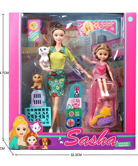 Sasha Doll Travel Playset with Mother, Daughter, Pets, and Accessories - Pup Can be Carried | Imaginative Play for Girls 3+ Years | Color May be Slightly Vary - MINIMEE KIDS