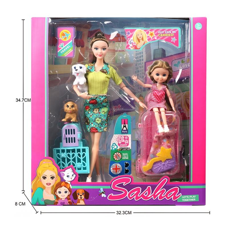 Sasha Doll Travel Playset with Mother, Daughter, Pets, and Accessories - Pup Can be Carried | Imaginative Play for Girls 3+ Years | Color May be Slightly Vary - MINIMEE KIDS