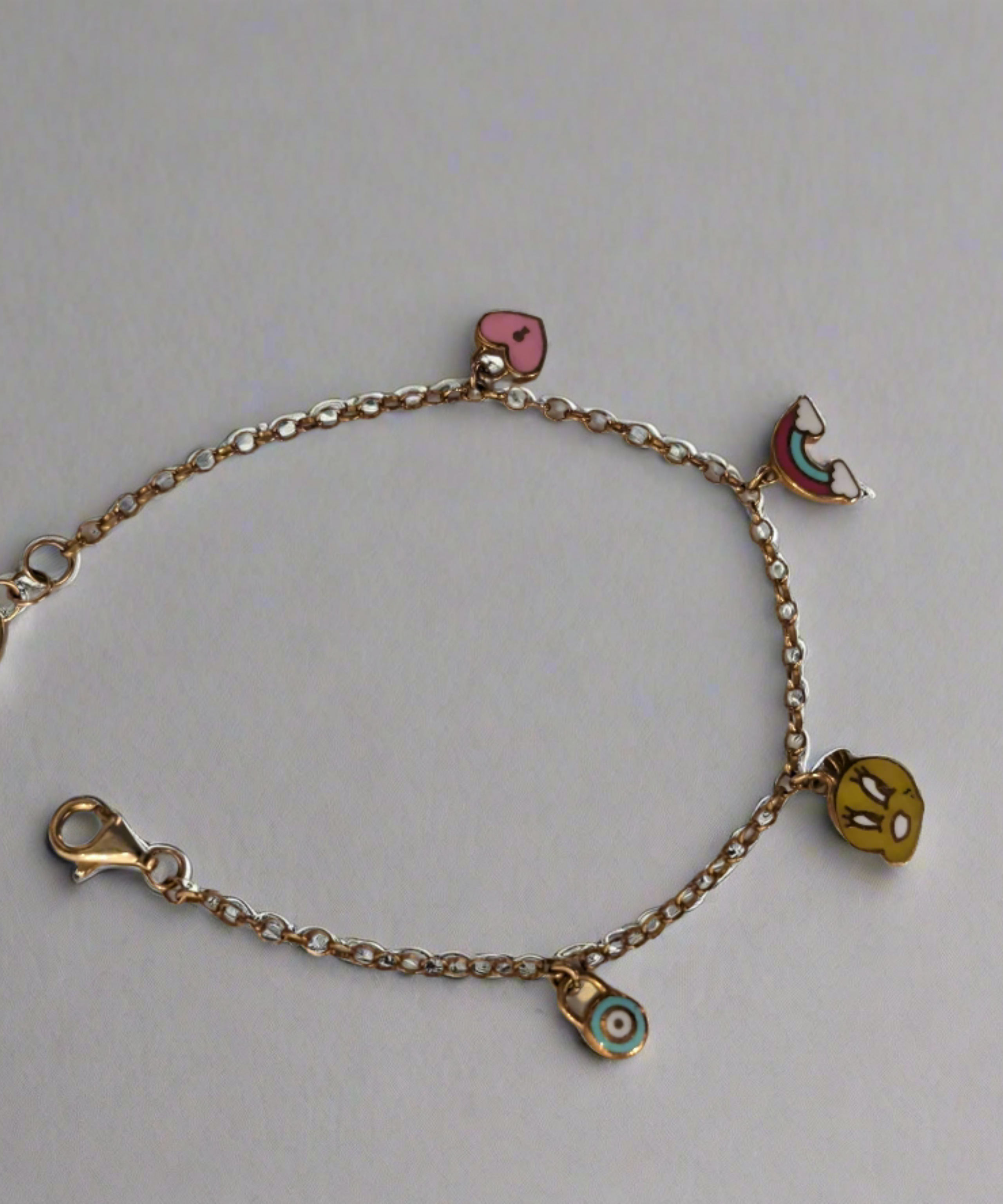 Evil Eye, Red Rainbow, Bunny and Pink Love Kids Charming Bracelet - 18k Gold