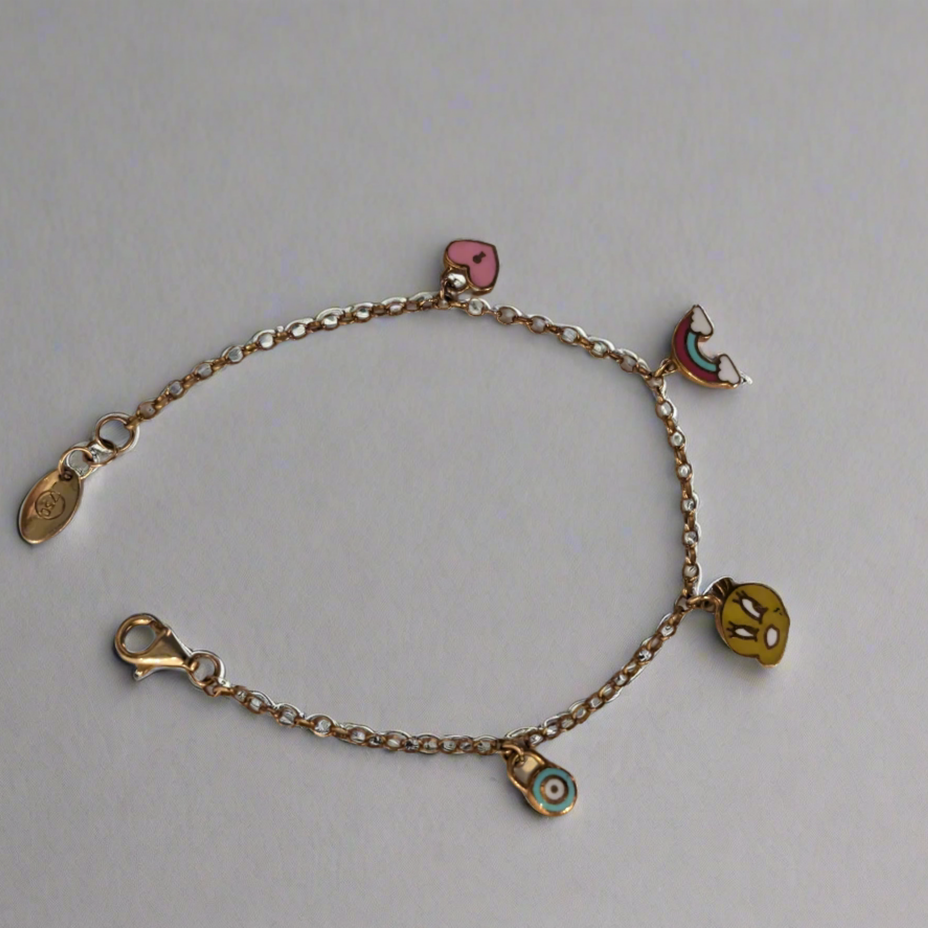 Evil Eye, Red Rainbow, Bunny and Pink Love Kids Charming Bracelet - 18k Gold