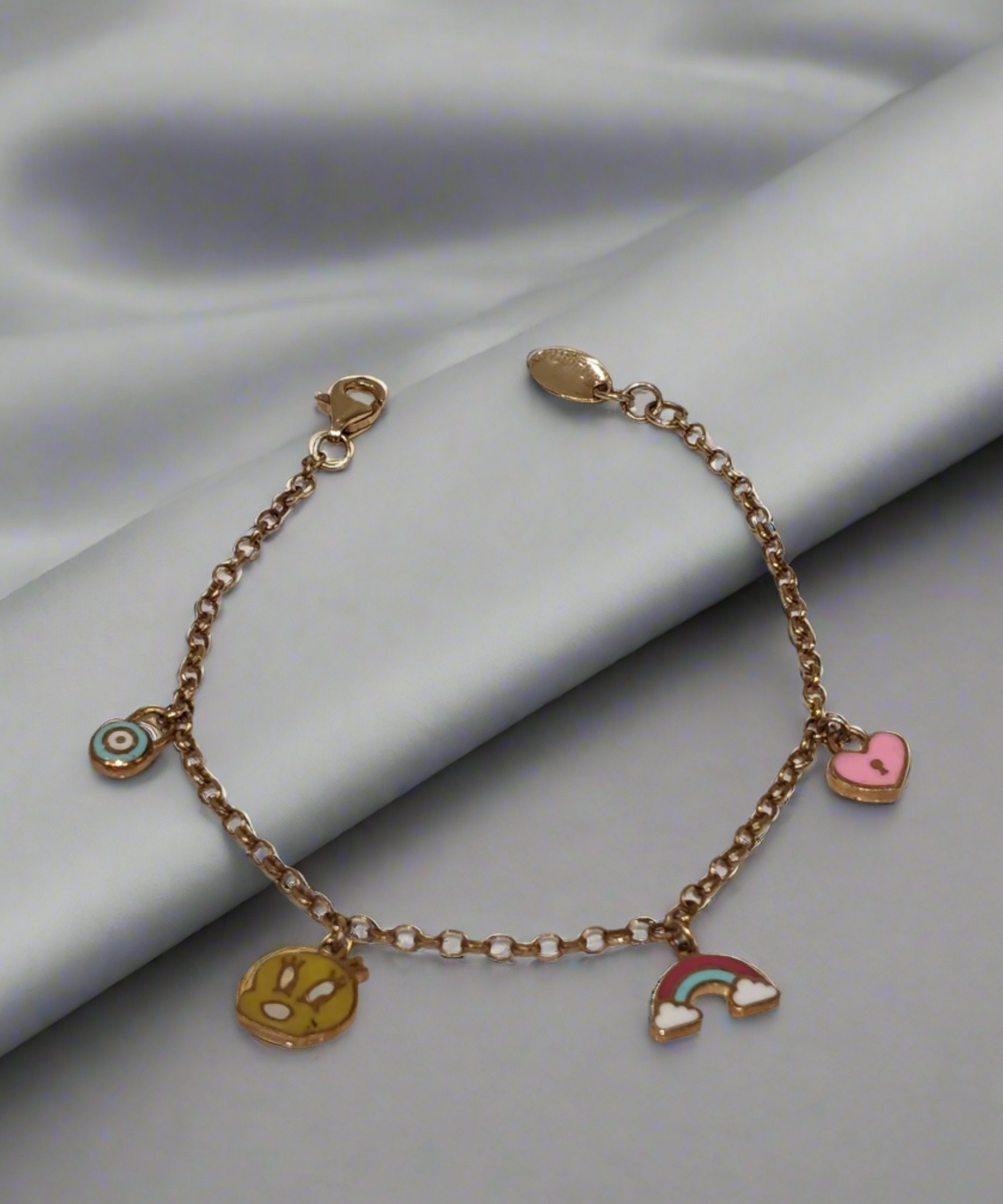 Evil Eye, Red Rainbow, Bunny and Pink Love Kids Charming Bracelet - 18k Gold