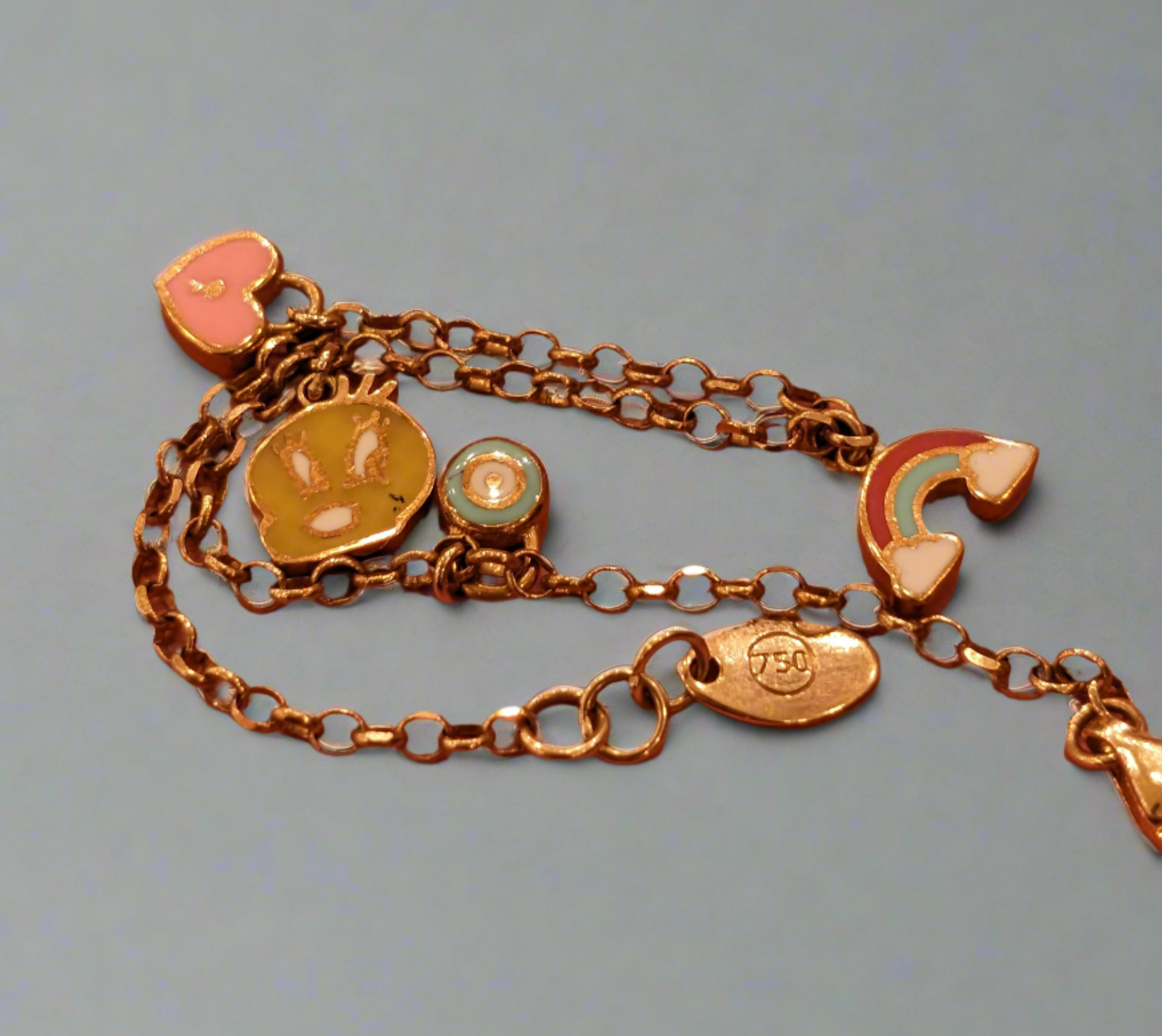 Evil Eye, Red Rainbow, Bunny and Pink Love Kids Charming Bracelet - 18k Gold