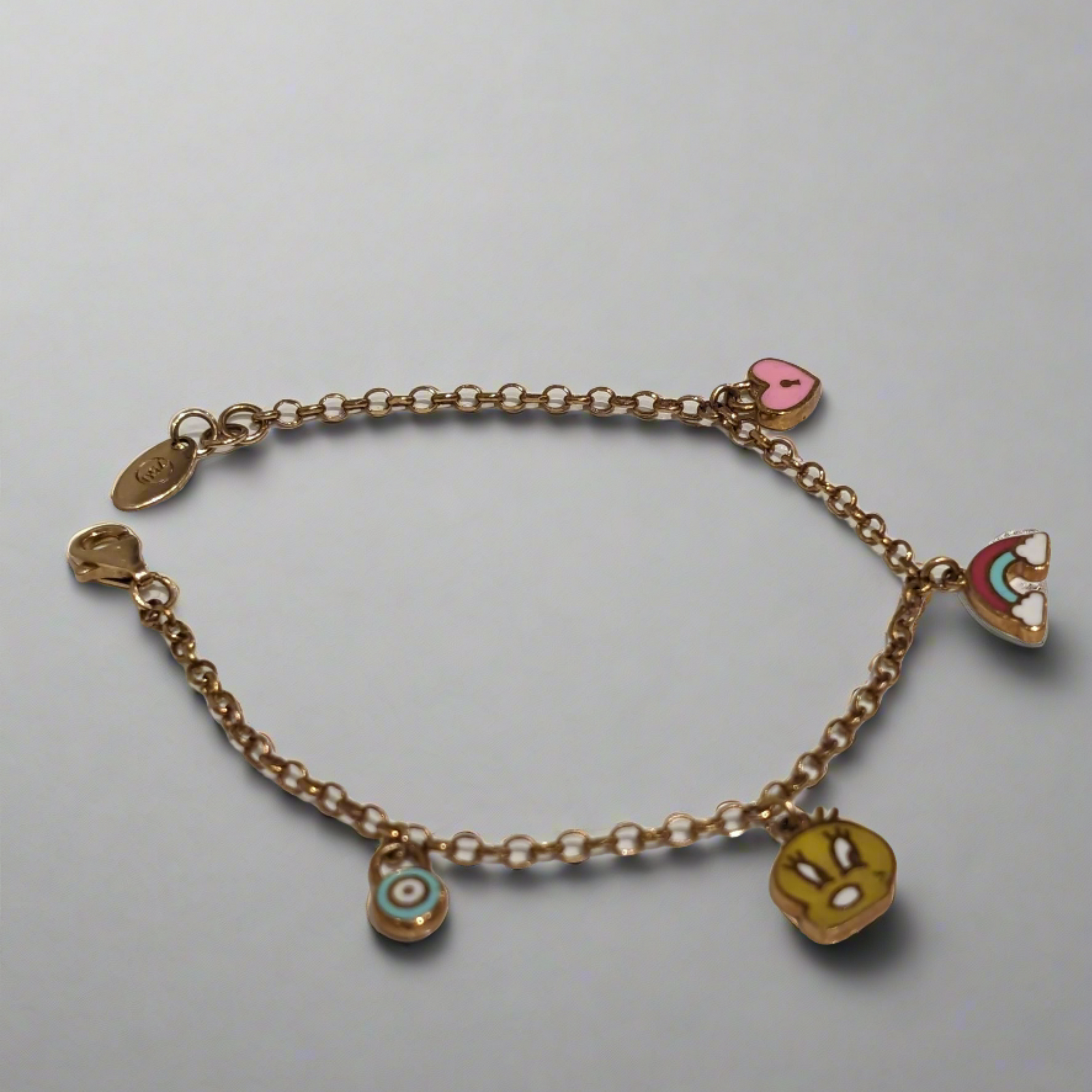 Evil Eye, Red Rainbow, Bunny and Pink Love Kids Charming Bracelet - 18k Gold
