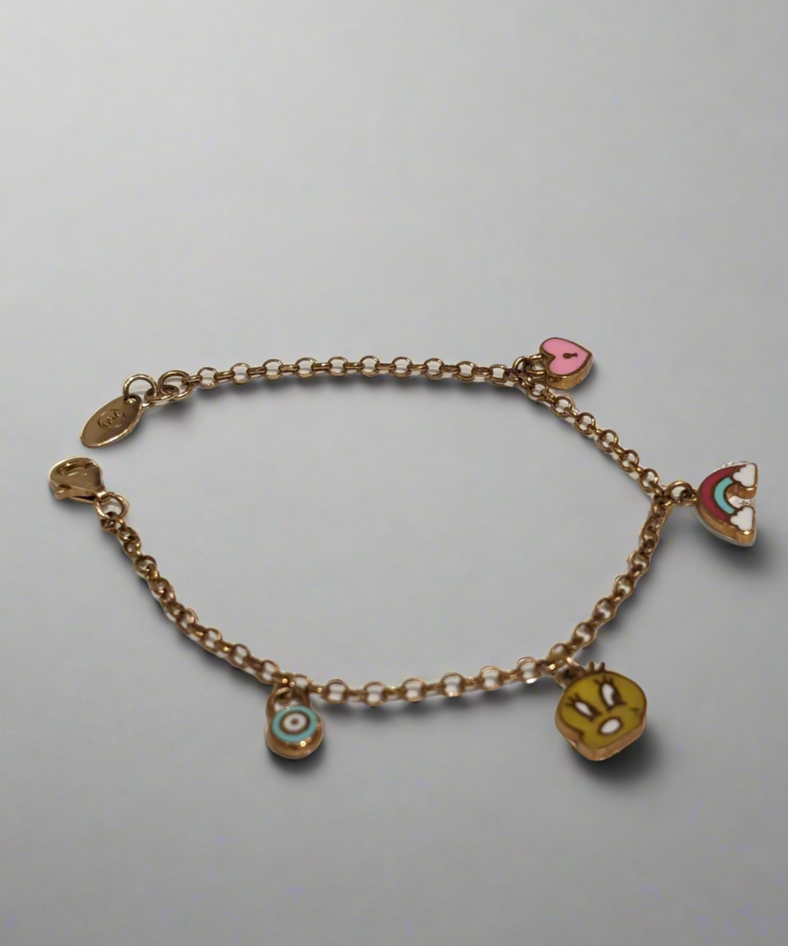 Evil Eye, Red Rainbow, Bunny and Pink Love Kids Charming Bracelet - 18k Gold