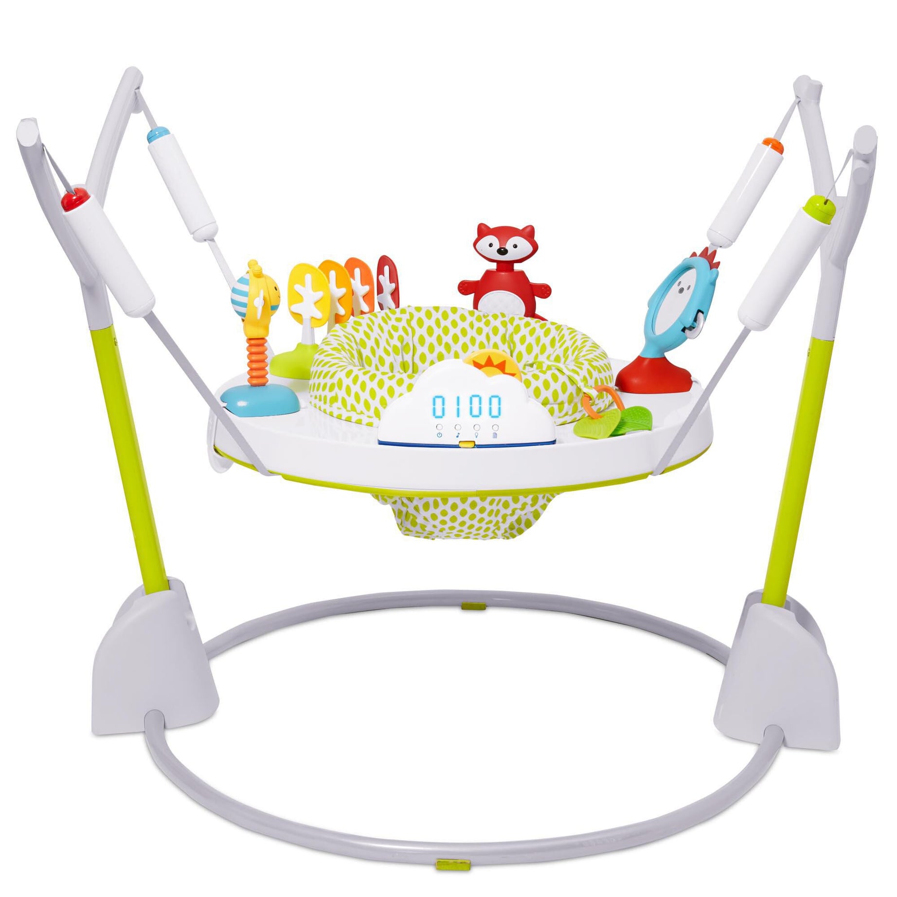Skip Hop Explore & More Jumpscape Fold-Away Jumper with Light-Up Cloud Bounce Counter & 20+ Developmental Activities | Foldable Baby Activity Center | 360° Rotating Seat | JPMA Certified