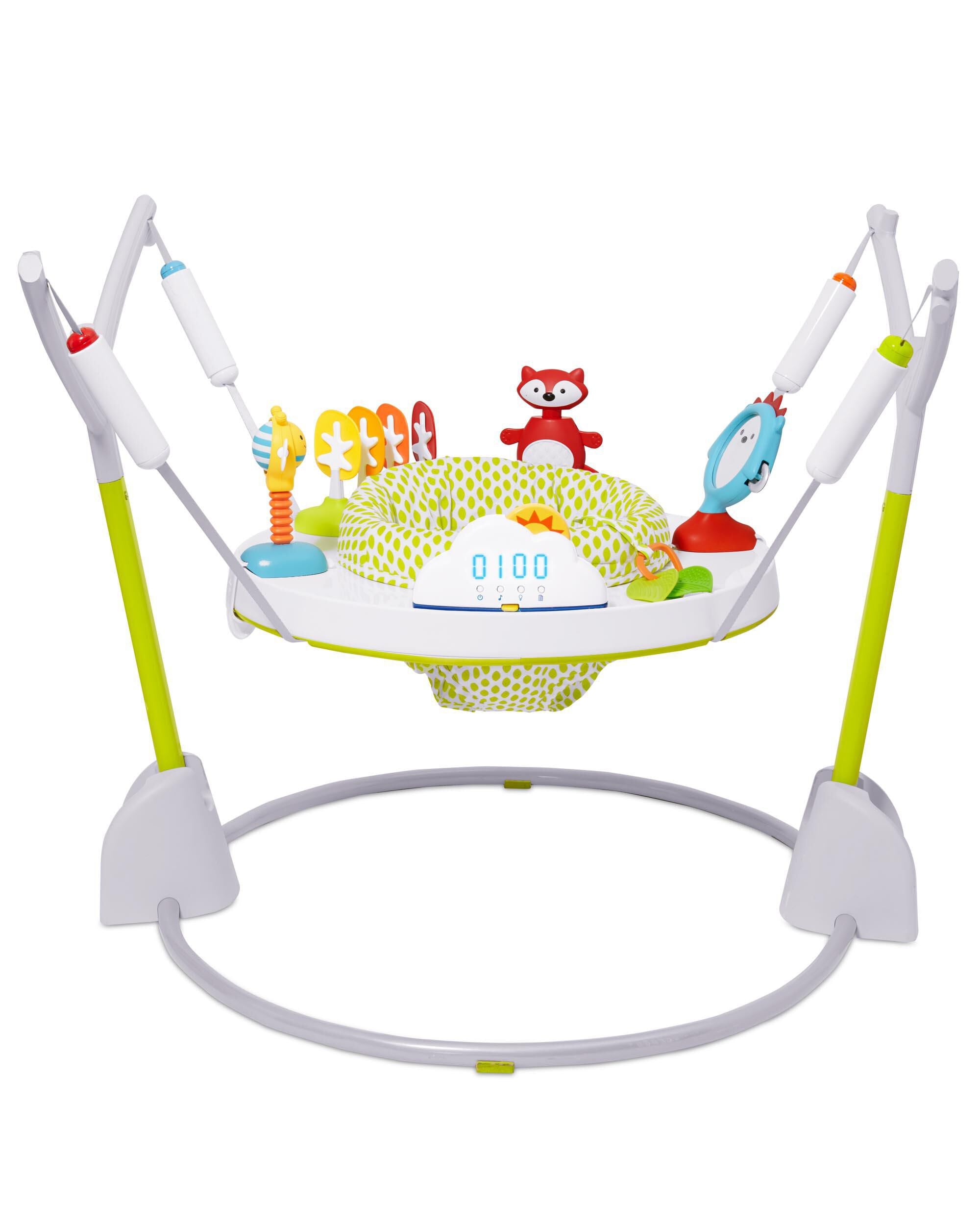 Skip Hop Explore & More Jumpscape Fold-Away Jumper with Light-Up Cloud Bounce Counter & 20+ Developmental Activities | Foldable Baby Activity Center | 360° Rotating Seat | JPMA Certified