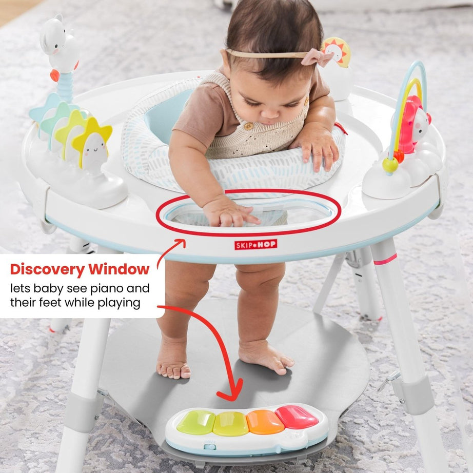 Skip Hop Silver Lining Cloud Baby’s View 3-Stage Activity Center | 25+ Developmental Activities | Sit, Swivel & Play to Table Mode | Light-Up Piano, Discovery Window | 4M+