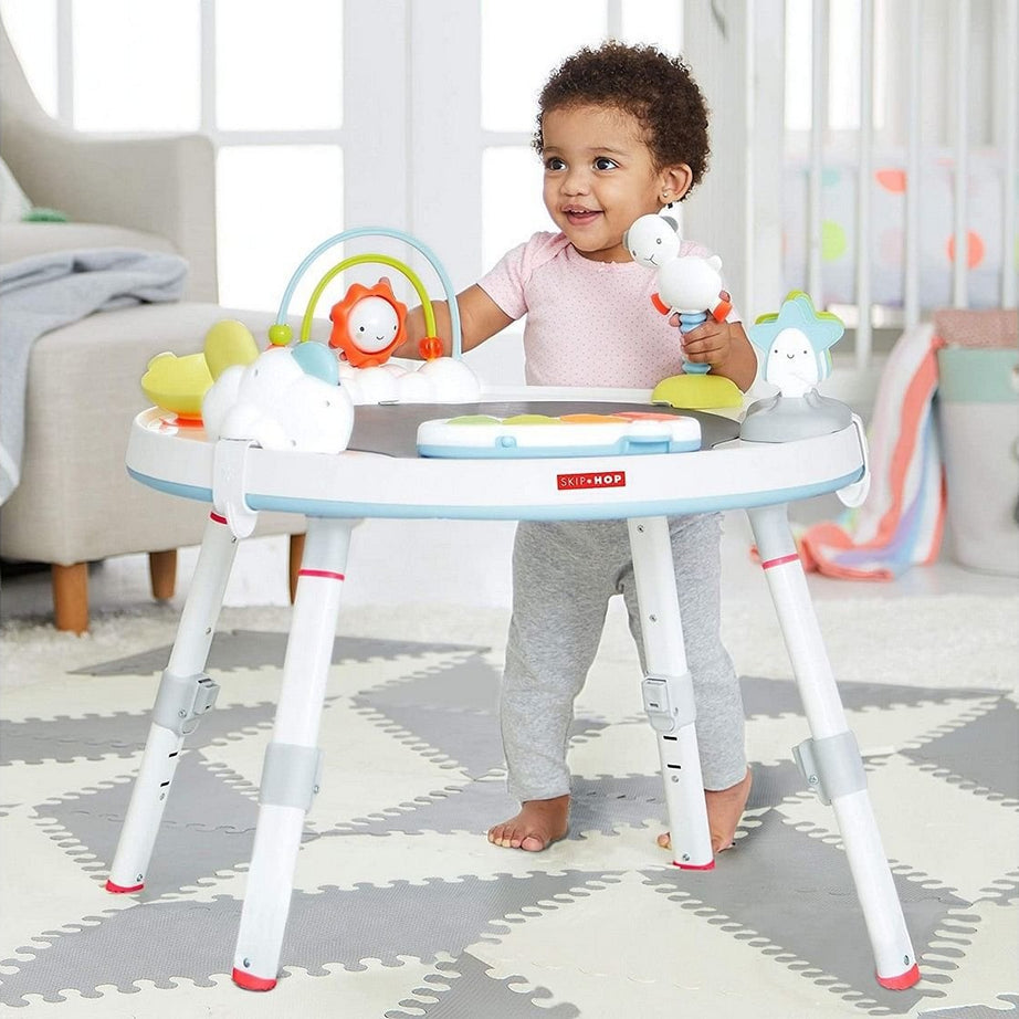 Skip Hop Silver Lining Cloud Baby’s View 3-Stage Activity Center | 25+ Developmental Activities | Sit, Swivel & Play to Table Mode | Light-Up Piano, Discovery Window | 4M+