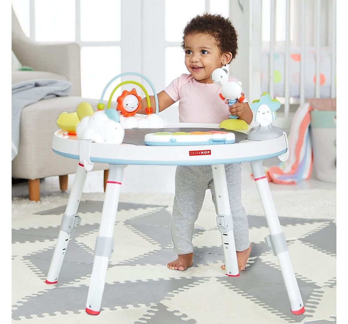 Skip Hop Silver Lining Cloud Baby’s View 3-Stage Activity Center | 25+ Developmental Activities | Sit, Swivel & Play to Table Mode | Light-Up Piano, Discovery Window | 4M+
