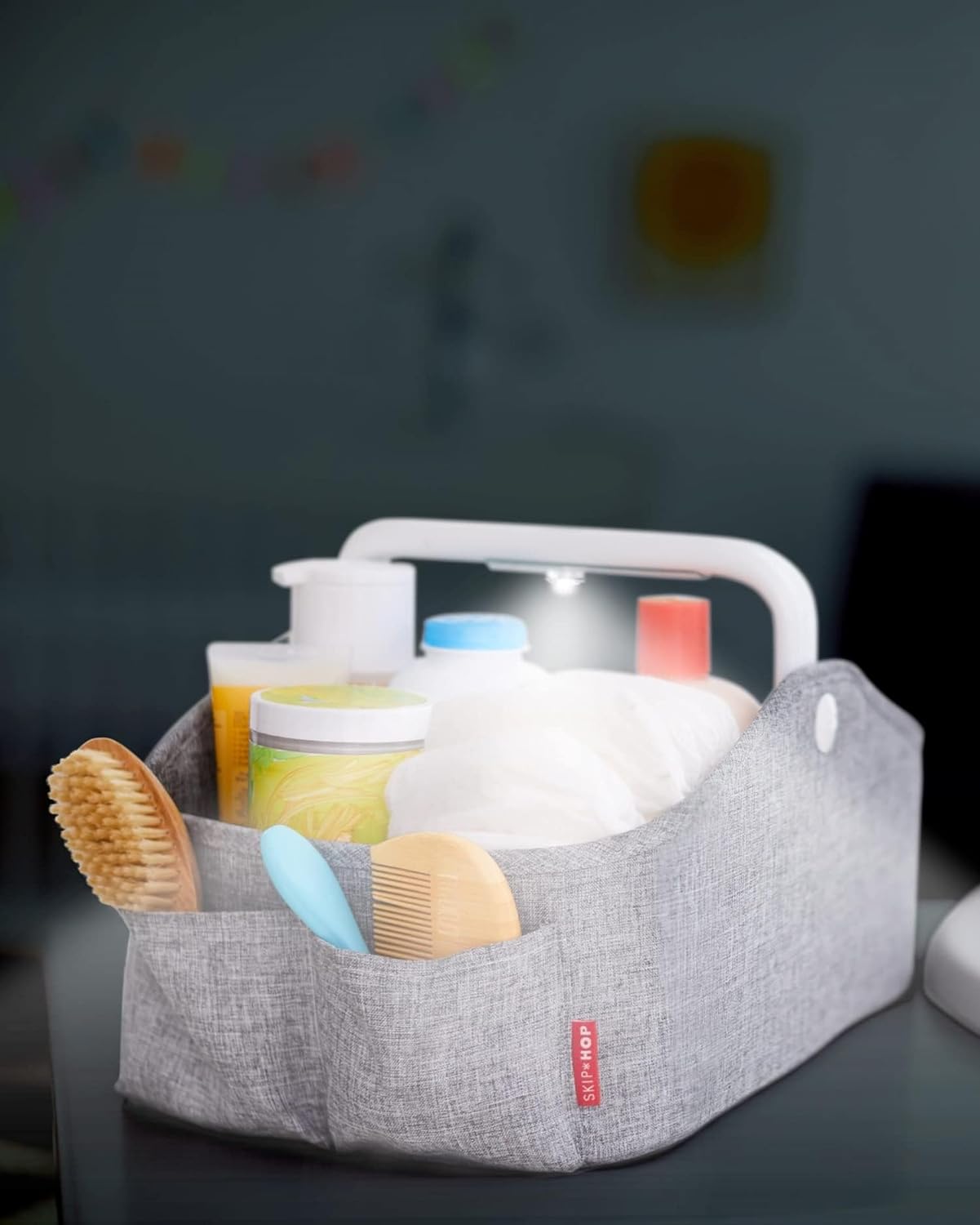 Skip Hop Light Up Diaper Caddy | Portable Organizer with Soft Light & Customizable Storage | Heather Grey