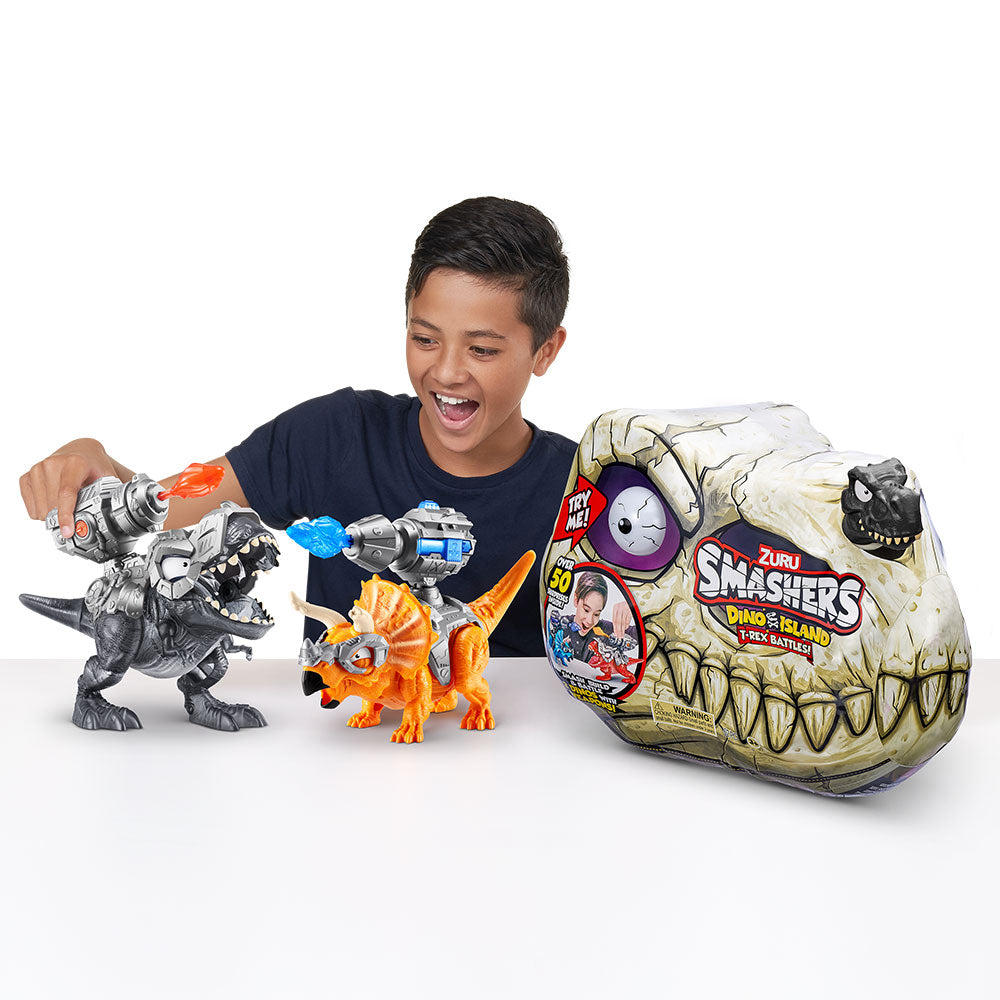 Zuru Smashers Dino Island T-Rex Battles! for 3+ Years | 52 Piece Dino Set | Smash, Build, & Battle with 2 Dinos & Weapons