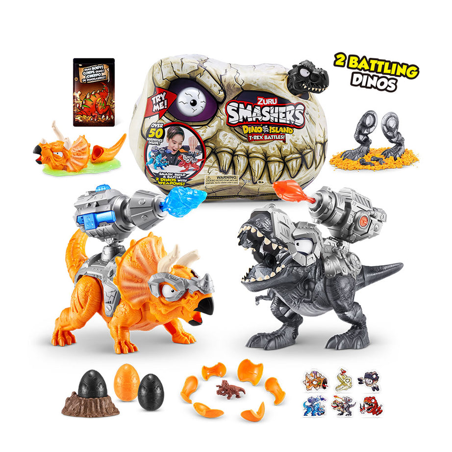 Zuru Smashers Dino Island T-Rex Battles! for 3+ Years | 52 Piece Dino Set | Smash, Build, & Battle with 2 Dinos & Weapons