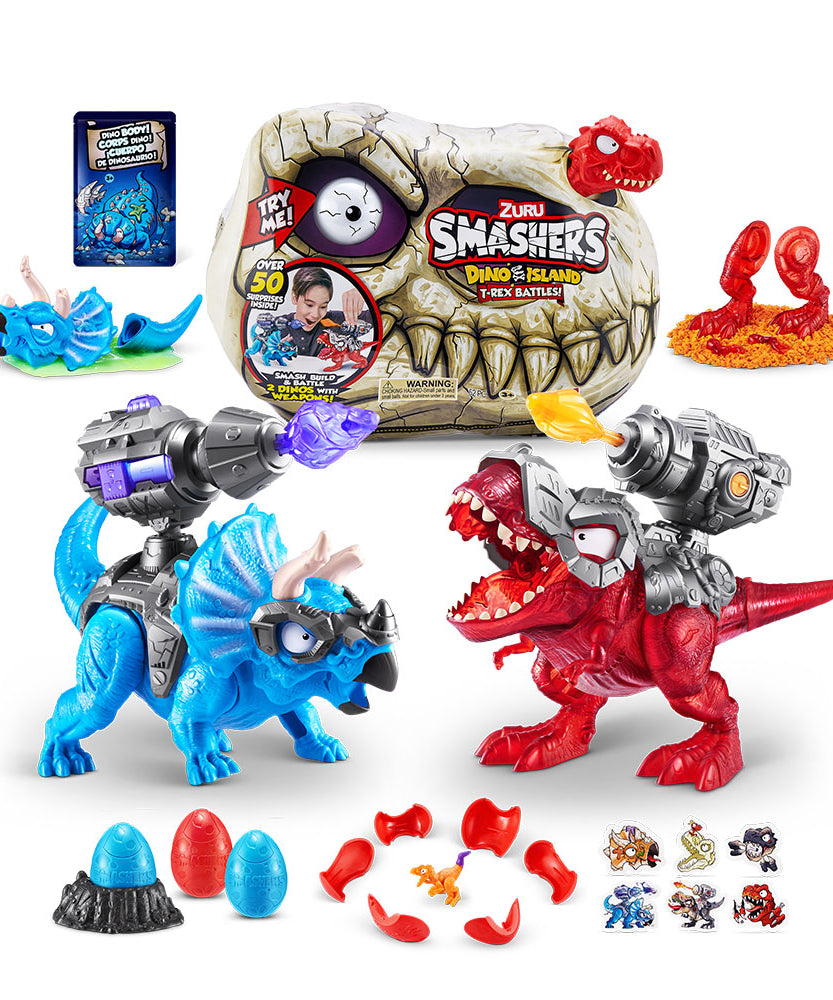 Zuru Smashers Dino Island T-Rex Battles! for 3+ Years | 52 Piece Dino Set | Smash, Build, & Battle with 2 Dinos & Weapons