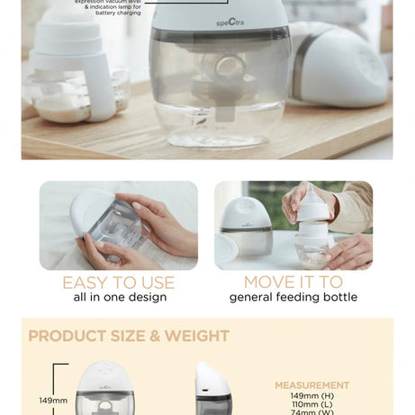 Spectra Wearable Electric Breast Pump – Hands-Free, Wireless & Portable | Rechargeable, Silent Pump with 5 Massage & Expression Modes, Backflow Protection, and 4-Hour Battery Life