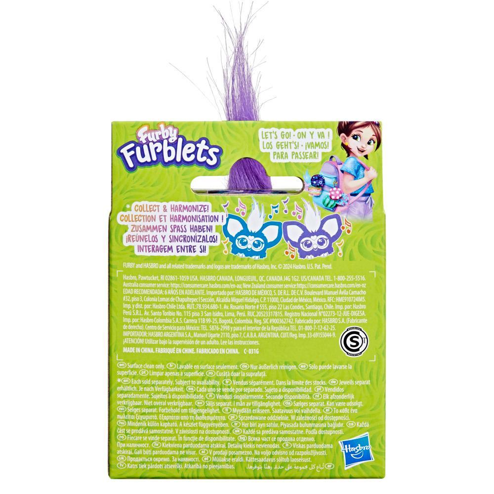 Furby Furblets toy packaging with purple hair on a white background