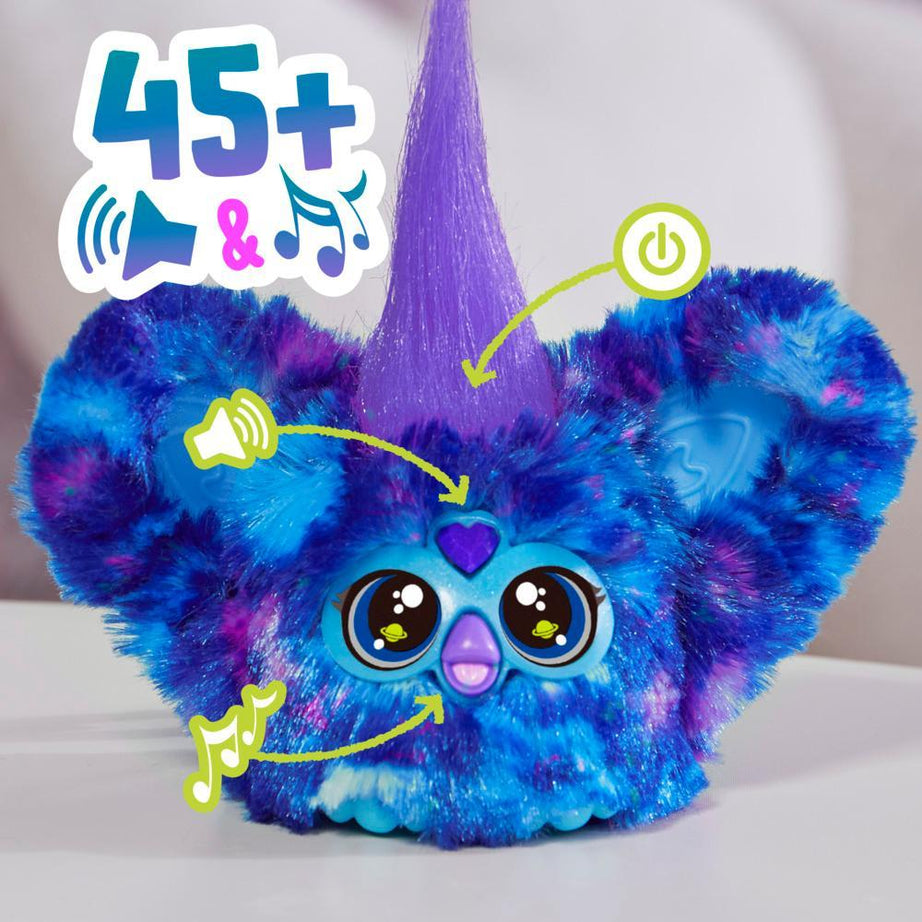Colorful fluffy toy with features highlighted on a white background