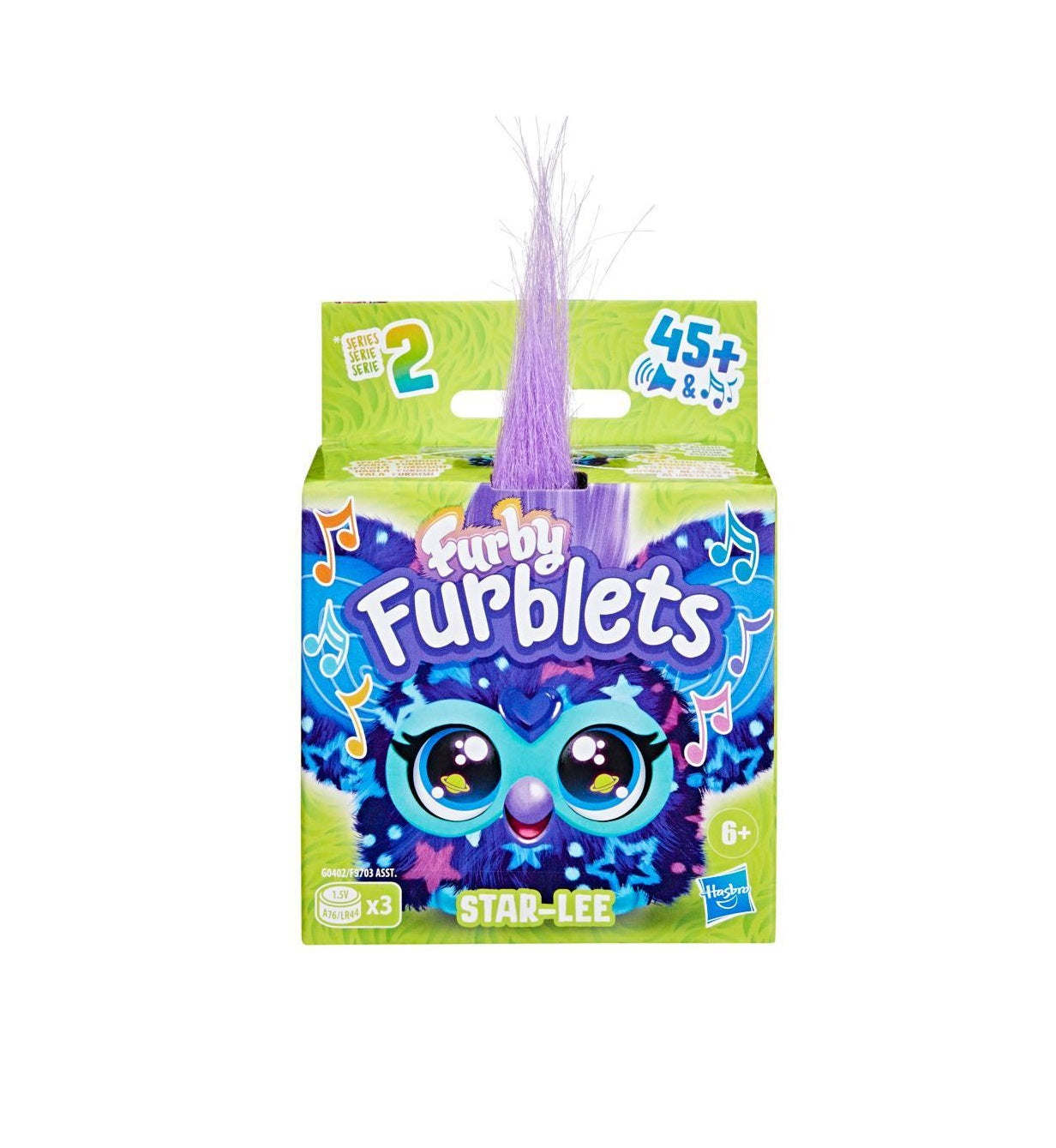 Furry Furblets toy packaging with a purple-haired character on a white background