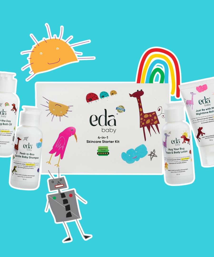 eda baby 4-in-1 Skincare Starter Kit | Gentle Baby Bath & Body Essentials for Soft, Nourished Skin | Trial Pack With Bath Oil, Shampoo, Lotion & Night Balm | Centella, Chamomile & Calendula Enriched