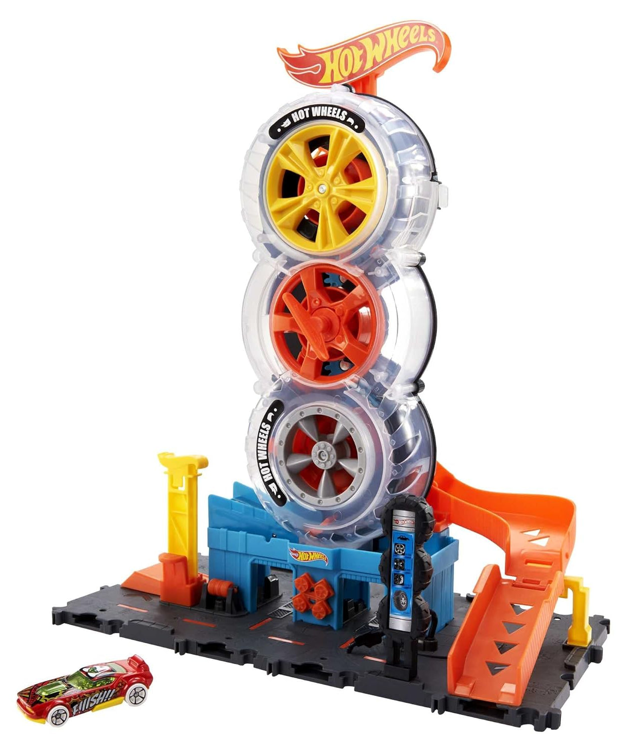 Hot Wheels City Super Twist Tire Shop Playset with Stunt Launcher & 1 Hot Wheels Car – Interactive Car Service Station for Kids 4+ - MINIMEE KIDS
