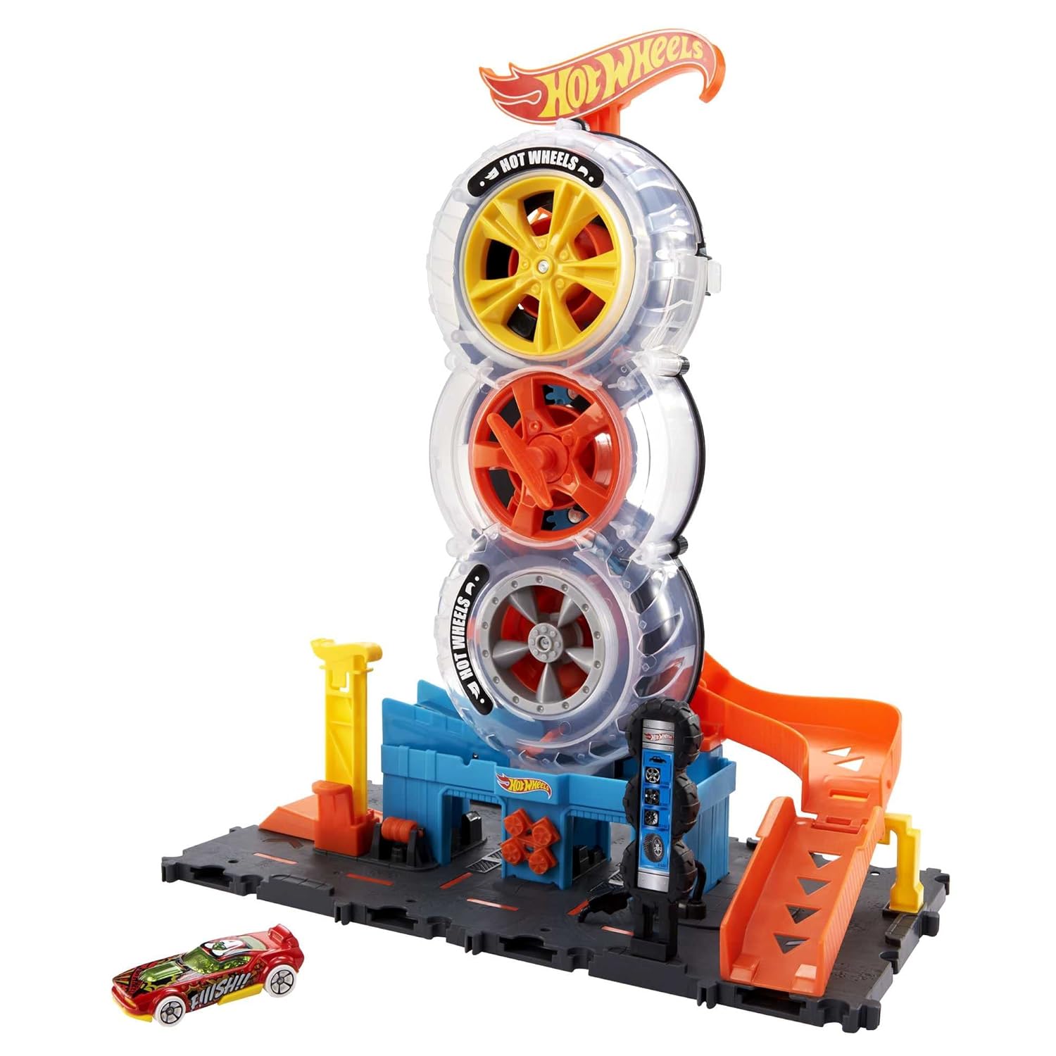Hot Wheels City Super Twist Tire Shop Playset with Stunt Launcher & 1 Hot Wheels Car – Interactive Car Service Station for Kids 4+