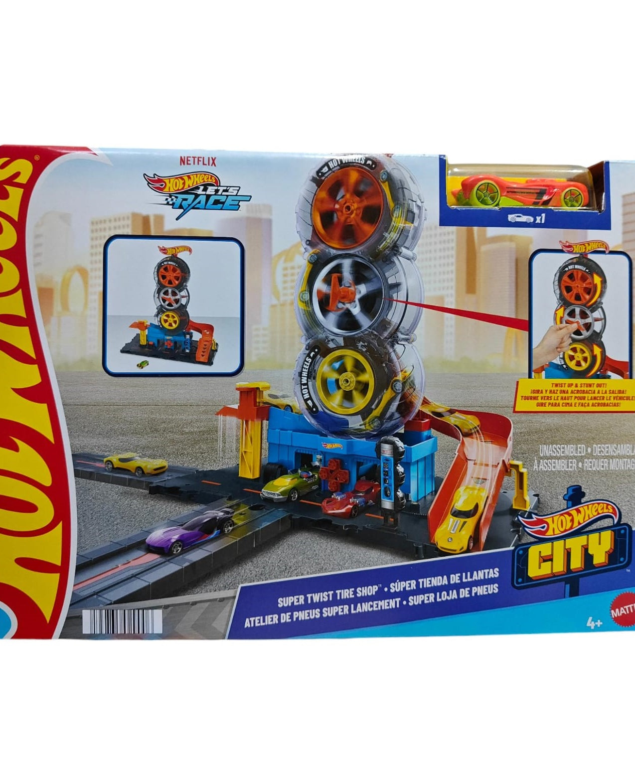 Hot Wheels City Super Twist Tire Shop Playset with Stunt Launcher & 1 Hot Wheels Car – Interactive Car Service Station for Kids 4+ - MINIMEE KIDS