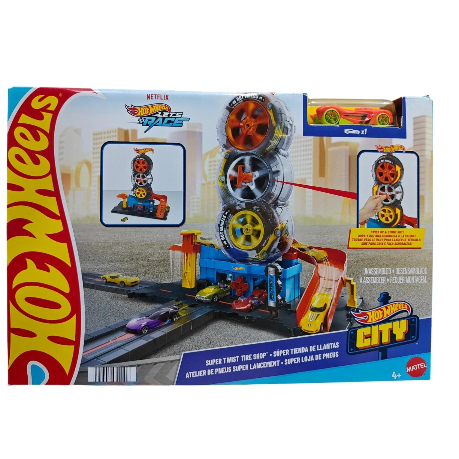 Hot Wheels City Super Twist Tire Shop Playset with Stunt Launcher & 1 Hot Wheels Car – Interactive Car Service Station for Kids 4+