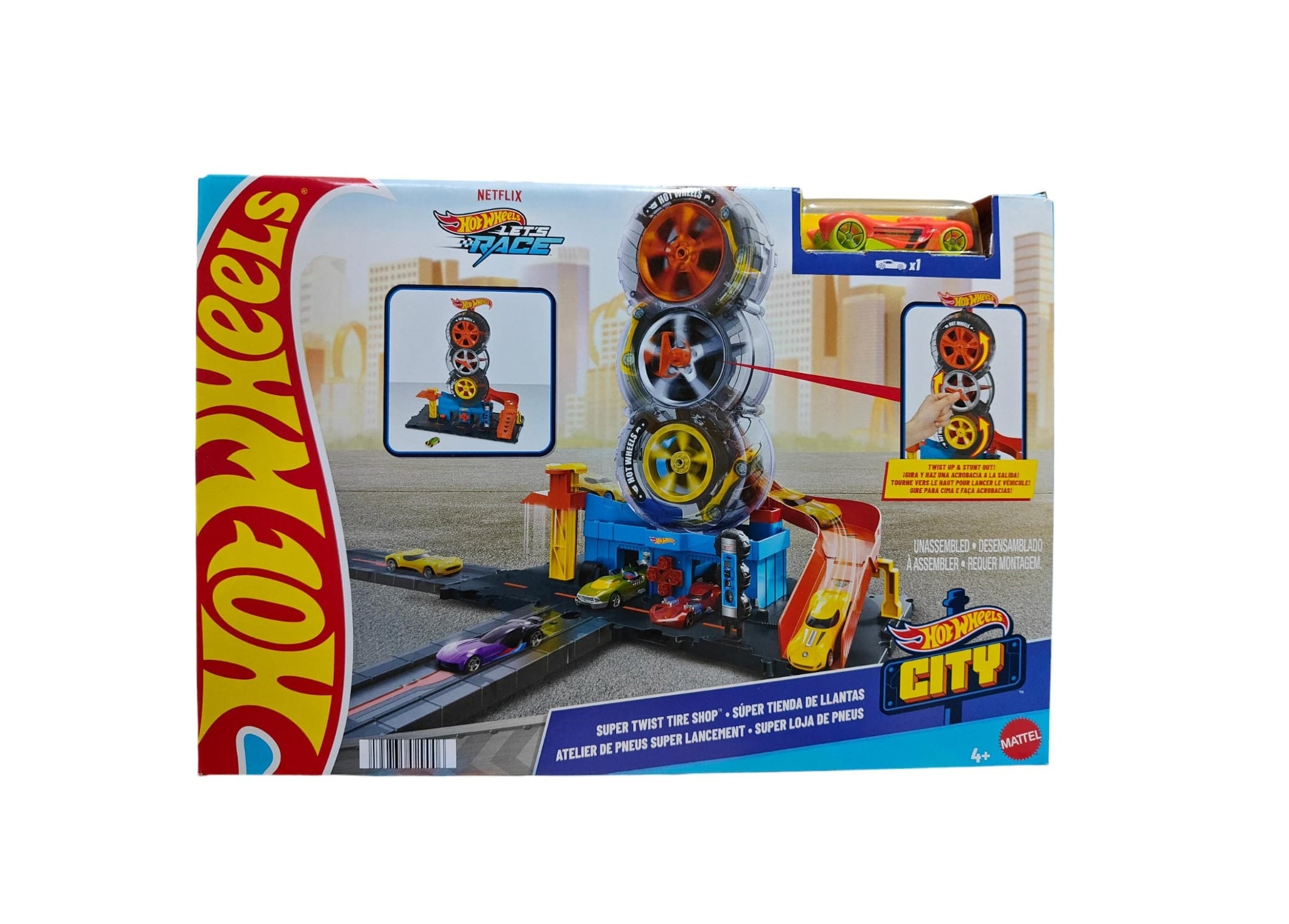 Hot Wheels City Super Twist Tire Shop Playset with Stunt Launcher & 1 Hot Wheels Car – Interactive Car Service Station for Kids 4+
