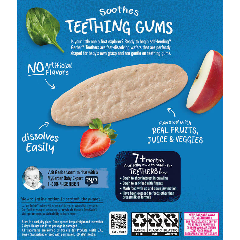 Gerber Snacks for Baby Teethers Strawberry Apple Spinach | Gentle Teething Wafers for 7+ Months