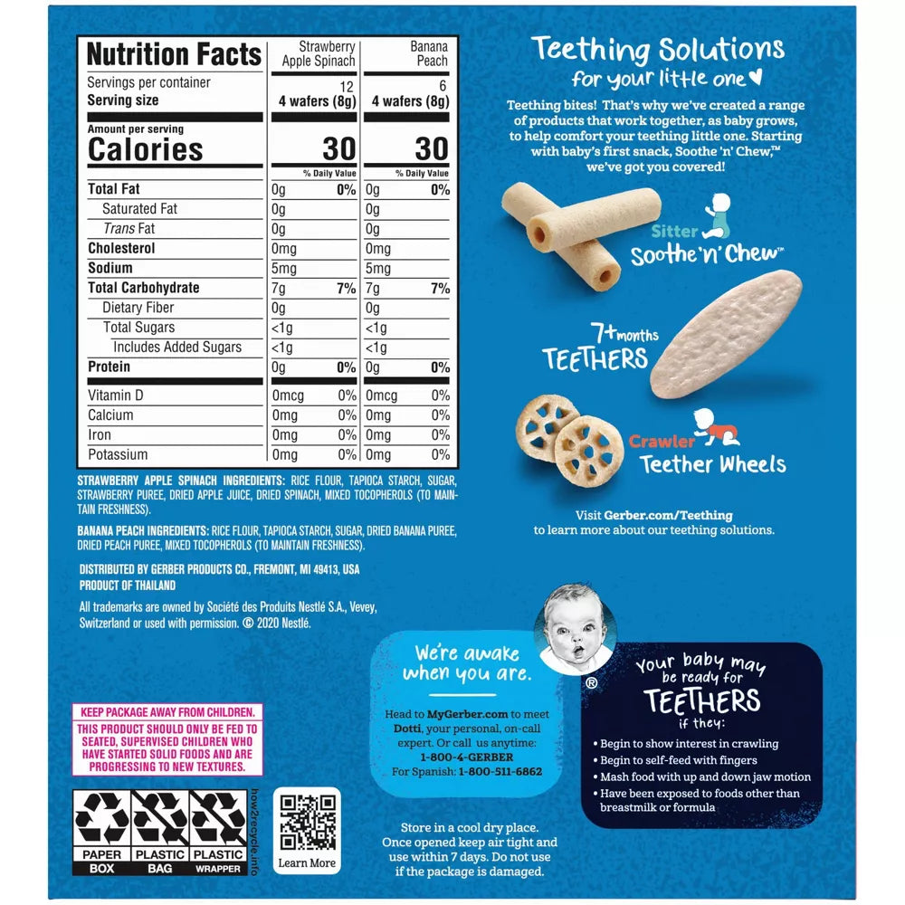 Gerber Baby Teething Wafers Variety Pack | 24 Strawberry Apple Spinach + 12 Banana Peach | 36 Pieces | 7+ Months | Non-GMO & Gluten-Free Snacks
