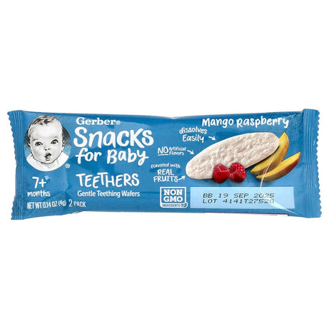 Gerber Snacks for Baby Teethers Gentle Teething Wafers - Mango Raspberry | 7+ Months | Non-GMO | 12 Individually Wrapped 2-Packs | 24 Wafers | 48g