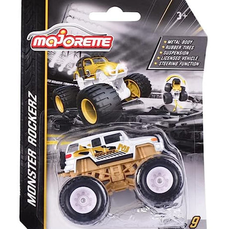 Majorette Monster Rockerz Series 9 – Ford Bronco Wildtrak, Toyota FJ Cruiser & Volkswagen Beetle Monster Trucks | Die-Cast Metal Body | 1:64 Scale Off-Road Vehicles with Suspension & Steering Function | Officially Licensed | Randomly Given Any 1 only
