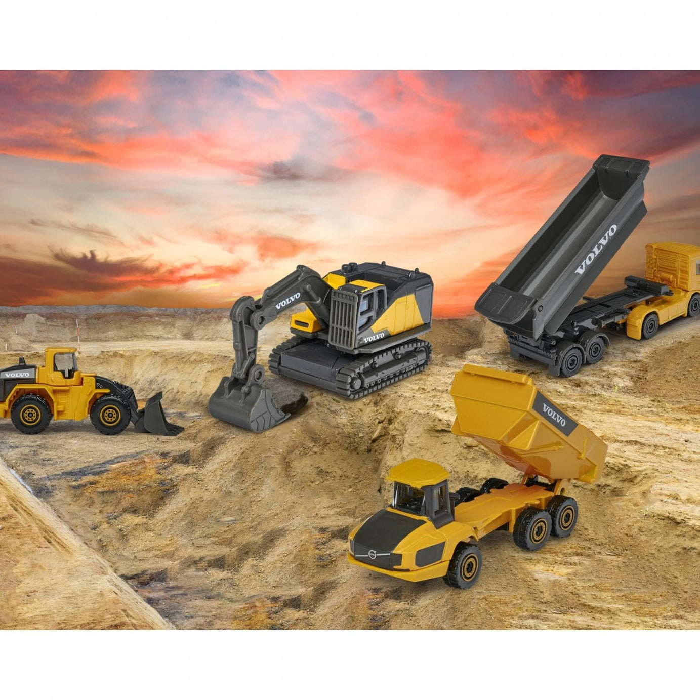 Majorette Volvo Construction 4-Piece Gift Pack – Officially Licensed Volvo Die-Cast Metal Vehicles – Excavator, Wheel Loader, Dump Truck & Hauler – Movable Parts – Freewheel Action – Kids 3+ & Collectors