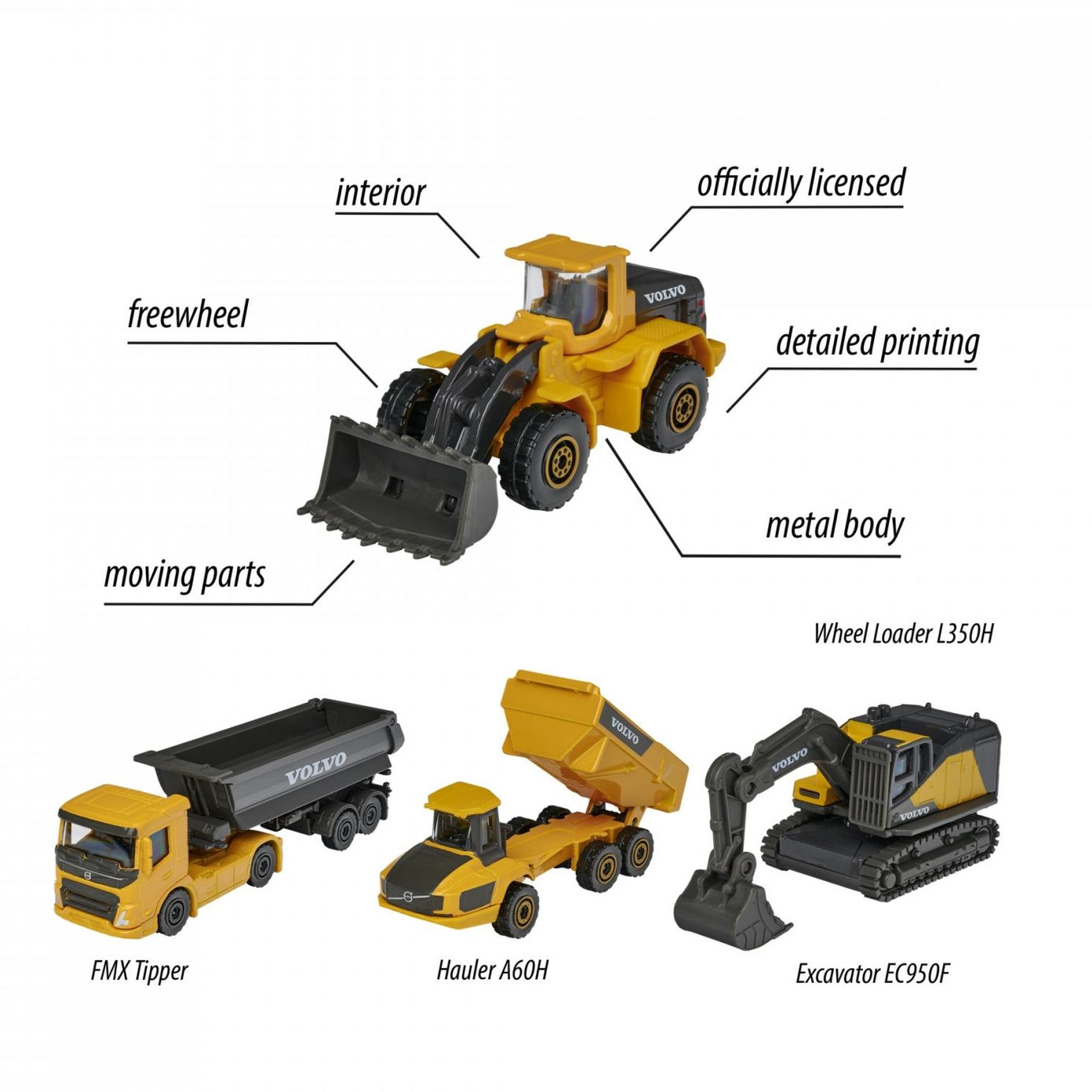 Majorette Volvo Construction 4-Piece Gift Pack – Officially Licensed Volvo Die-Cast Metal Vehicles – Excavator, Wheel Loader, Dump Truck & Hauler – Movable Parts – Freewheel Action – Kids 3+ & Collectors