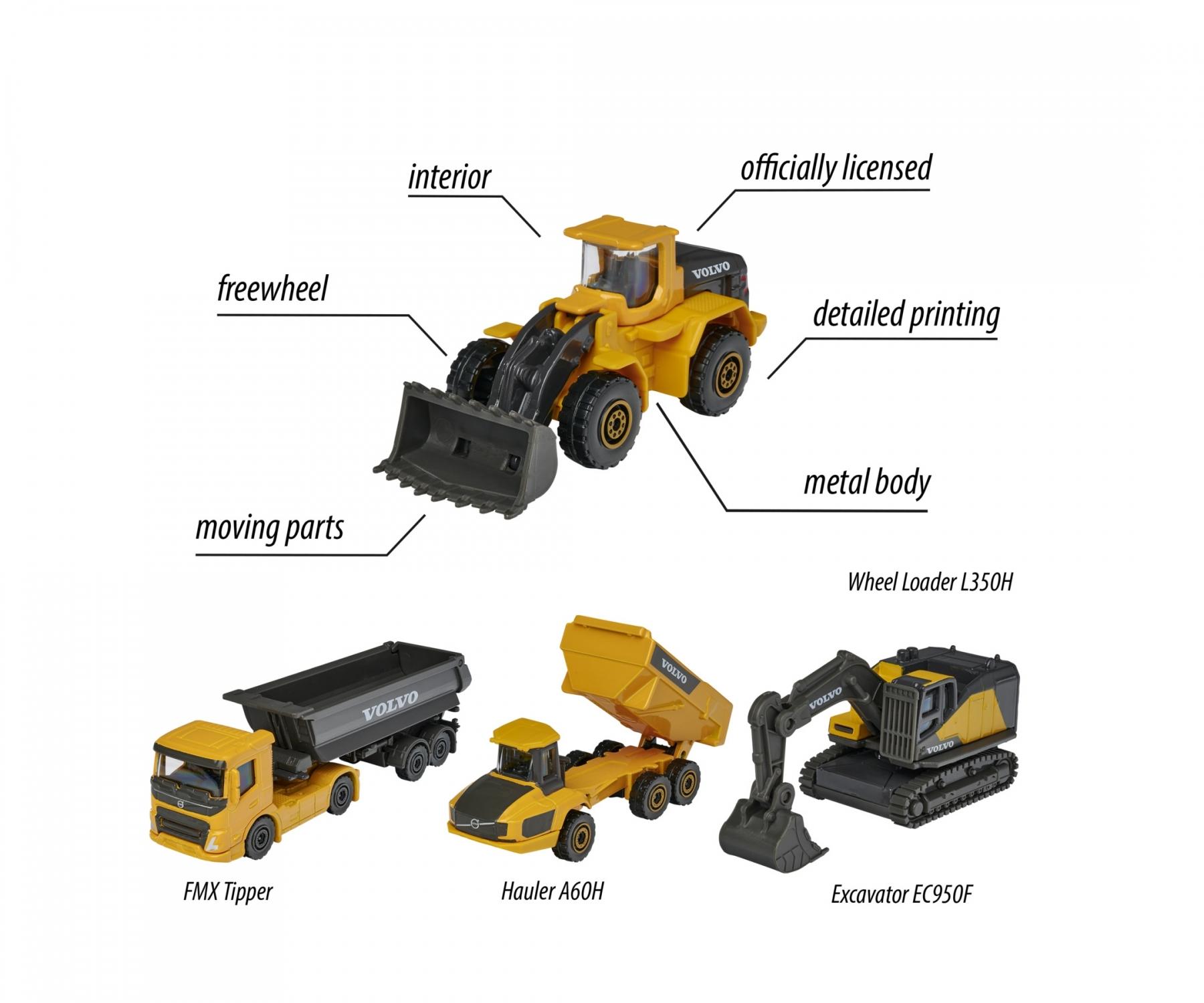 Majorette Volvo Construction 4-Piece Gift Pack – Officially Licensed Volvo Die-Cast Metal Vehicles – Excavator, Wheel Loader, Dump Truck & Hauler – Movable Parts – Freewheel Action – Kids 3+ & Collectors