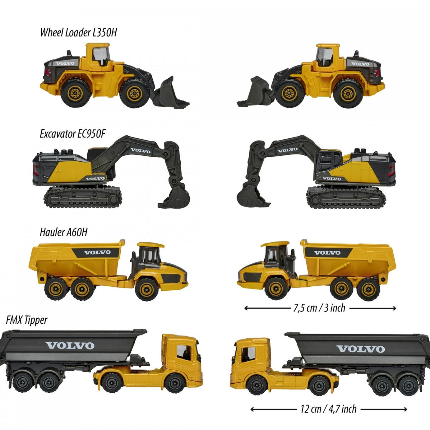 Majorette Volvo Construction 4-Piece Gift Pack – Officially Licensed Volvo Die-Cast Metal Vehicles – Excavator, Wheel Loader, Dump Truck & Hauler – Movable Parts – Freewheel Action – Kids 3+ & Collectors