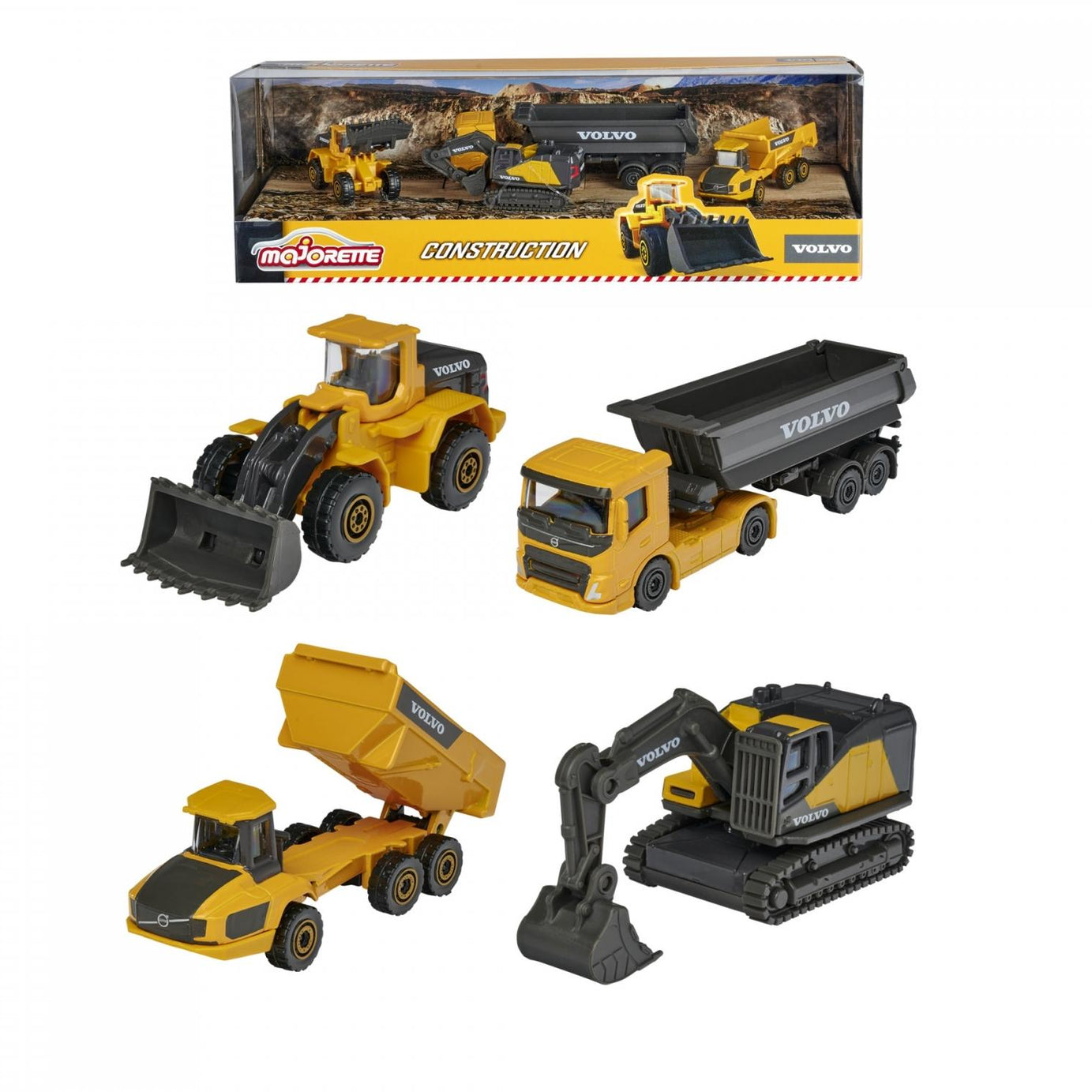 Majorette Volvo Construction 4-Piece Gift Pack – Officially Licensed Volvo Die-Cast Metal Vehicles – Excavator, Wheel Loader, Dump Truck & Hauler – Movable Parts – Freewheel Action – Kids 3+ & Collectors