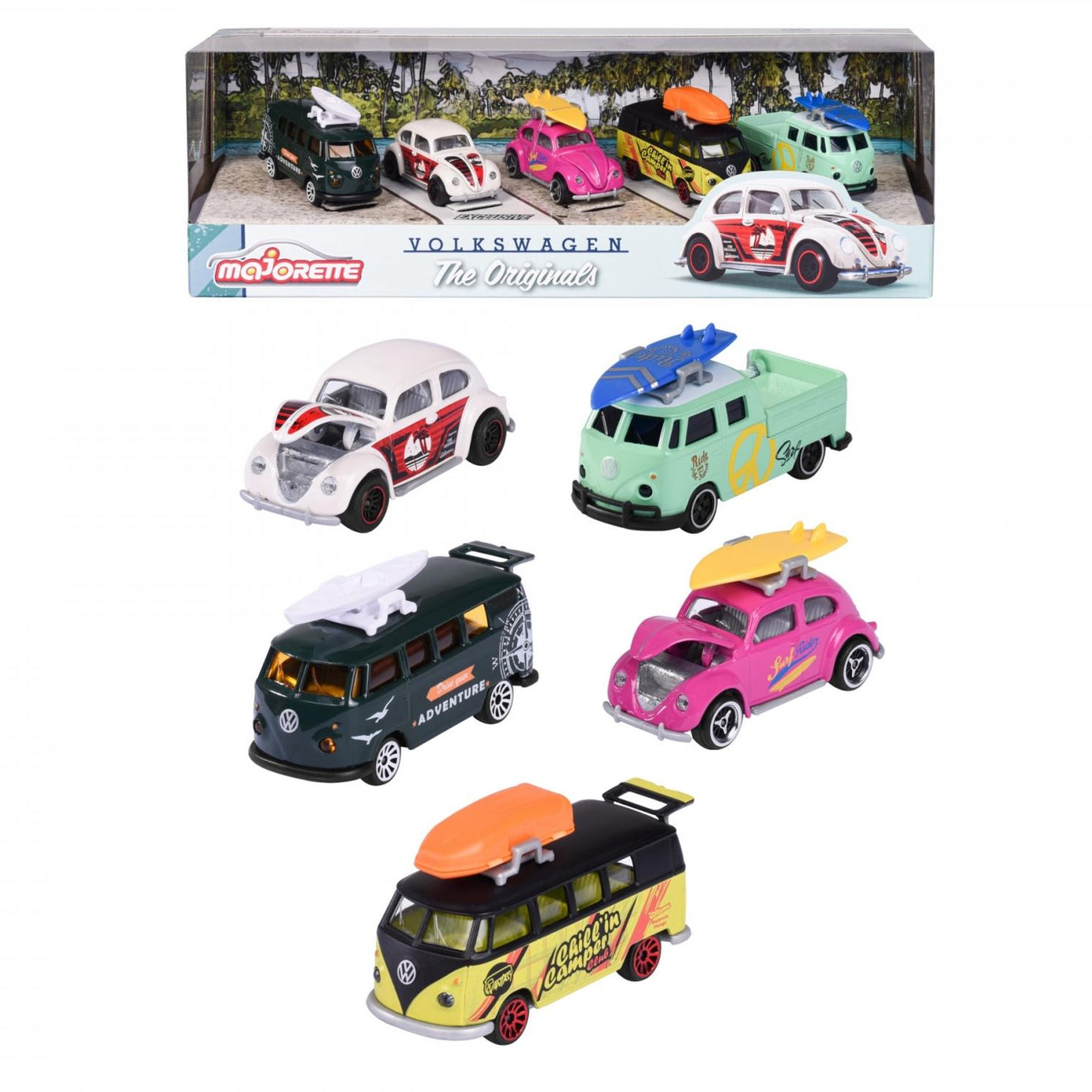 Majorette Volkswagen The Originals 5 Pieces Pack – 1:64 Scale Die-Cast Car Set | Includes Volkswagen Beetle, Volkswagen T1, and 2 Exclusive Models | Classic VW Collector’s Gift Set – 7.5 cm Metal Toy Cars for Kids 3+ Years
