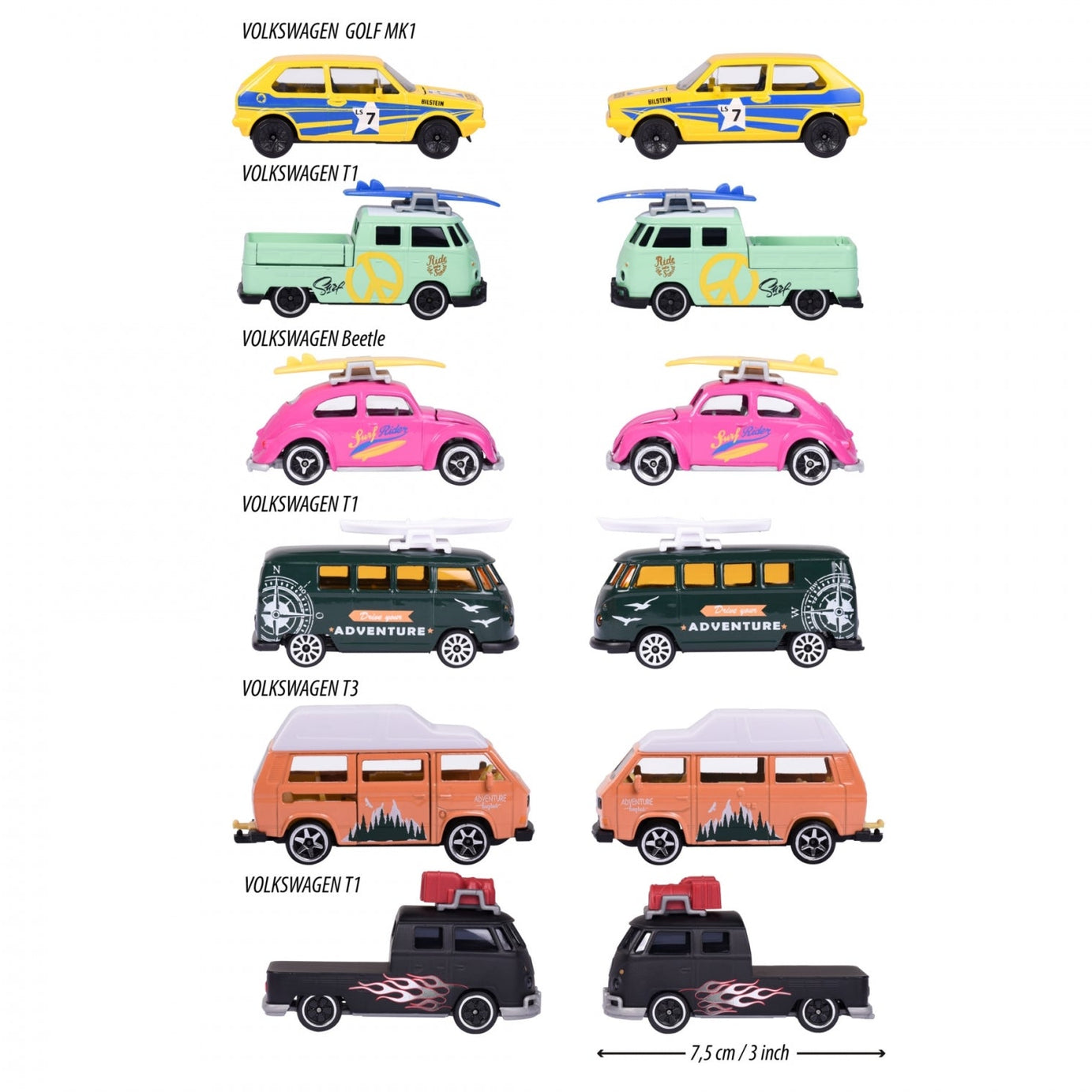 Majorette Volkswagen The Originals Premium Cars (6 Assorted Models) | Officially Licensed Die-Cast VW Beetle | T1 Bus & Golf MK1 with Opening Parts, Suspension & Collector's Card