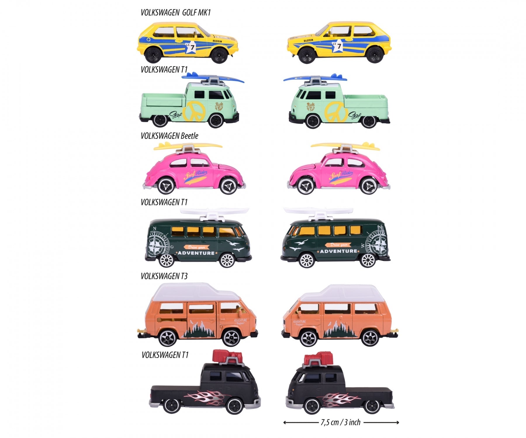 Majorette Volkswagen The Originals Premium Cars (6 Assorted Models) | Officially Licensed Die-Cast VW Beetle | T1 Bus & Golf MK1 with Opening Parts, Suspension & Collector's Card