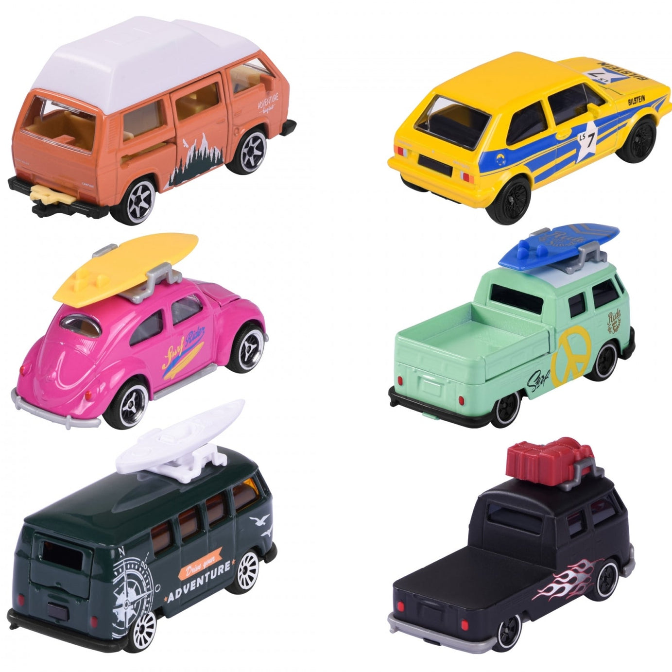 Majorette Volkswagen The Originals Premium Cars (6 Assorted Models) | Officially Licensed Die-Cast VW Beetle | T1 Bus & Golf MK1 with Opening Parts, Suspension & Collector's Card