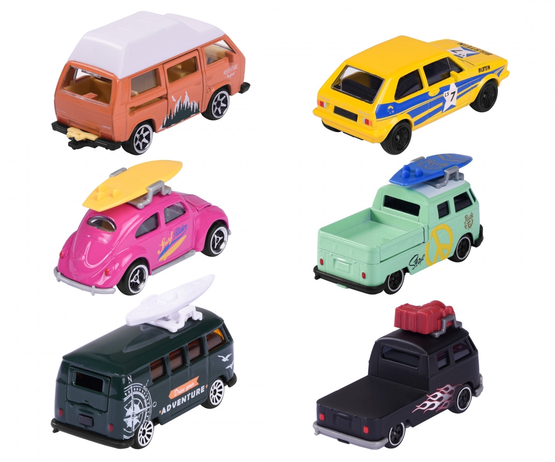 Majorette Volkswagen The Originals Premium Cars (6 Assorted Models) | Officially Licensed Die-Cast VW Beetle | T1 Bus & Golf MK1 with Opening Parts, Suspension & Collector's Card