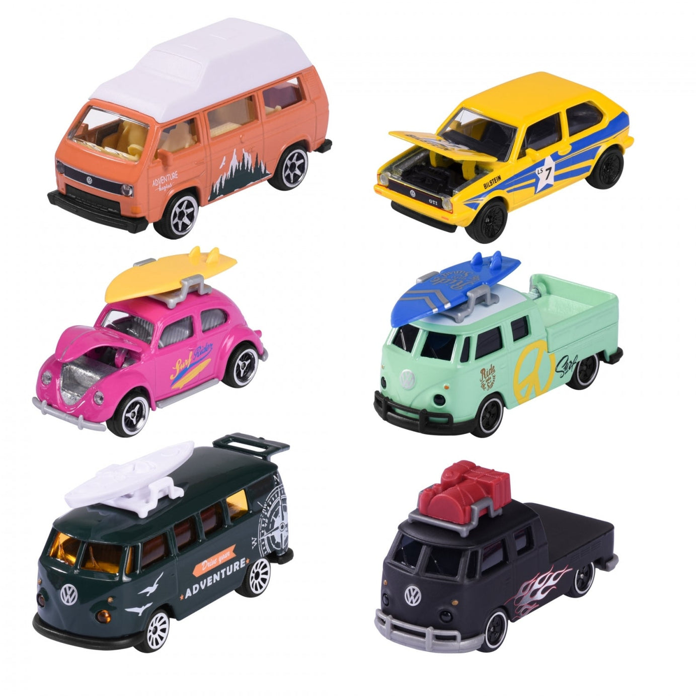 Majorette Volkswagen The Originals Premium Cars (6 Assorted Models) | Officially Licensed Die-Cast VW Beetle | T1 Bus & Golf MK1 with Opening Parts, Suspension & Collector's Card