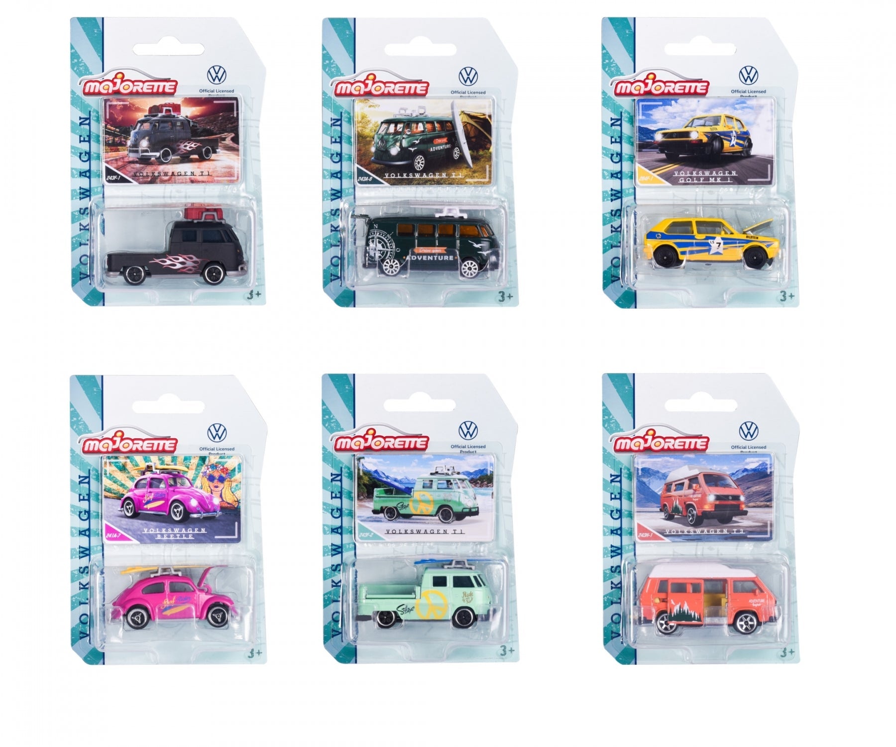 Majorette Volkswagen The Originals Premium Cars (6 Assorted Models) | Officially Licensed Die-Cast VW Beetle | T1 Bus & Golf MK1 with Opening Parts, Suspension & Collector's Card
