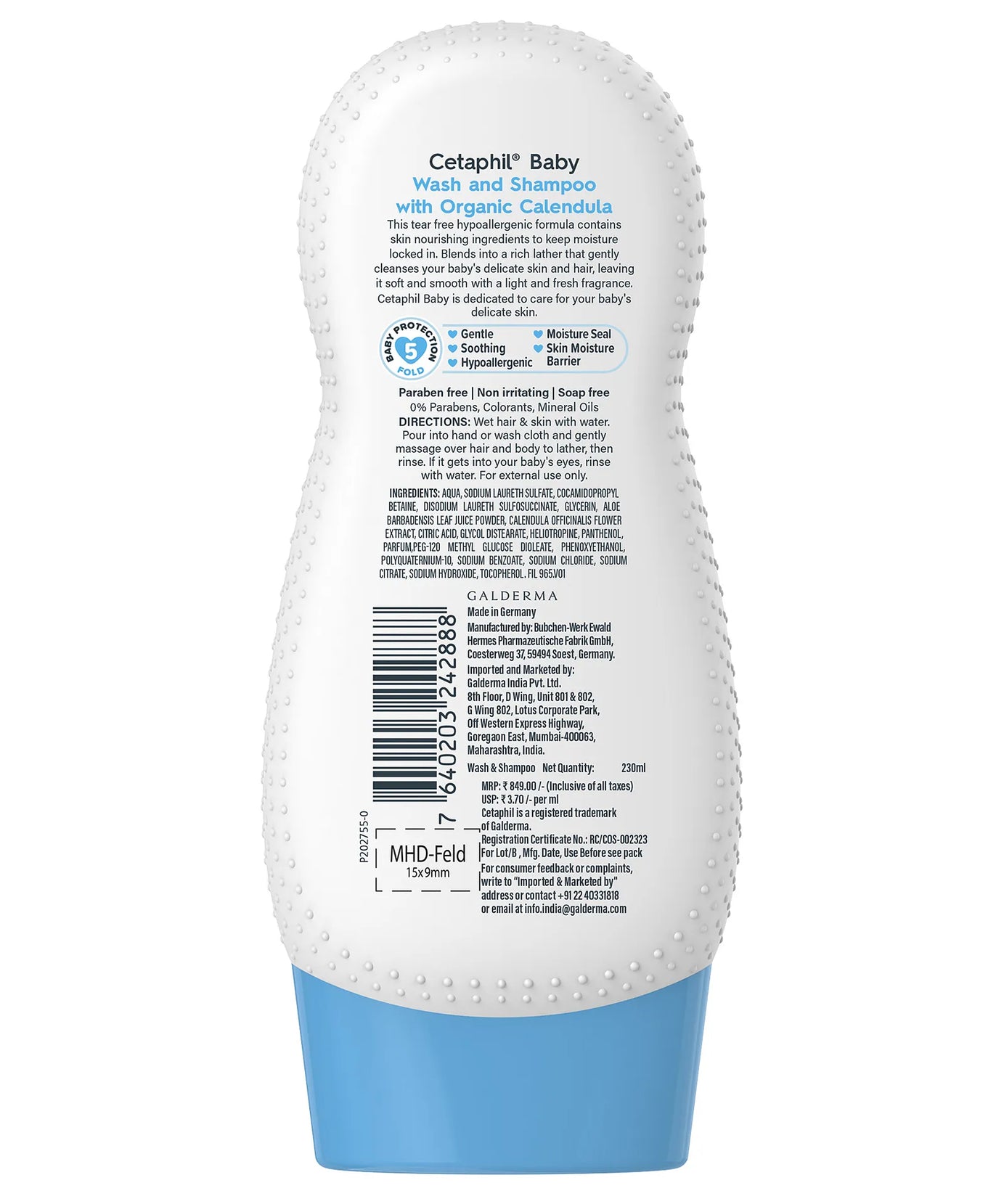 Cetaphil Baby Wash & Shampoo with Organic Calendula & Aloe Vera – Gentle Tear-Free Formula for Daily Head-to-Toe Cleansing (230ml, Paraben-Free, Hypoallergenic)