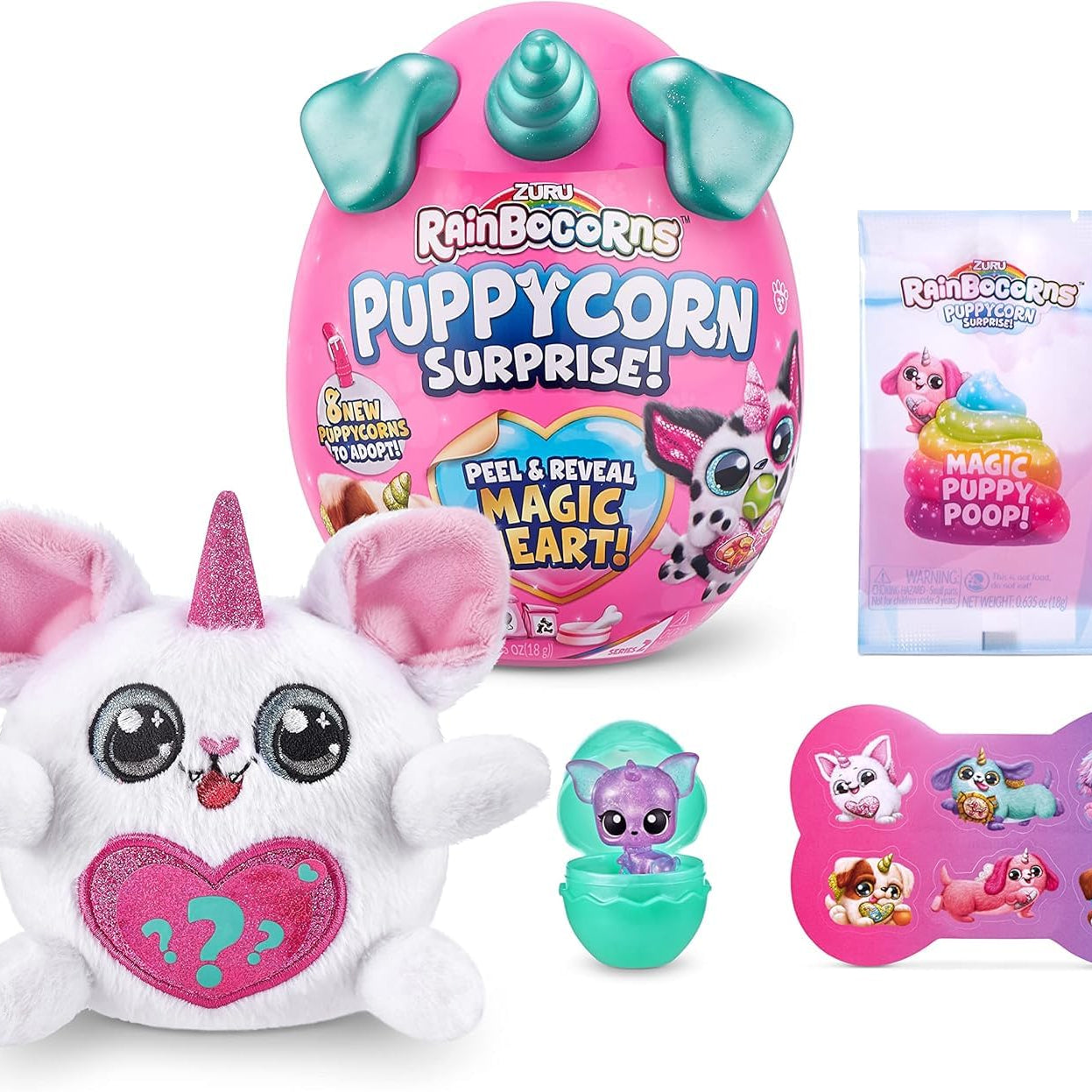 Zuru Rainbocorns Puppycorn Surprise Peel & Reveal Magic Heart - Collectible Plush Stuffed Animal with 7 Surprises, Scratch n Sniff Sticker, Ages 3+ for Girls