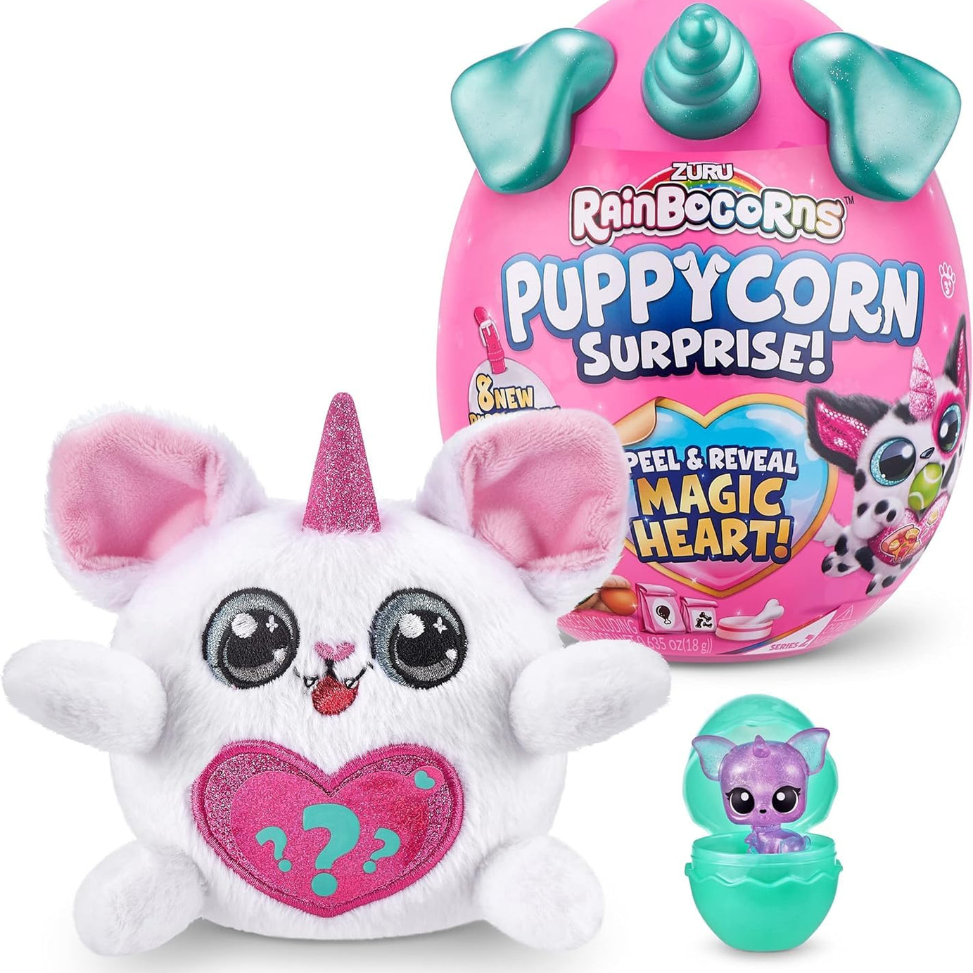 Zuru Rainbocorns Puppycorn Surprise Peel & Reveal Magic Heart - Collectible Plush Stuffed Animal with 7 Surprises, Scratch n Sniff Sticker, Ages 3+ for Girls